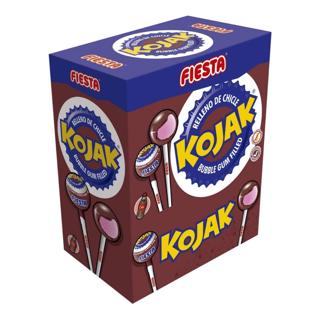 FIESTA Kojak Caramelo con Palo Sabor Cola Relleno de Chicle - Caja de 100 unidades