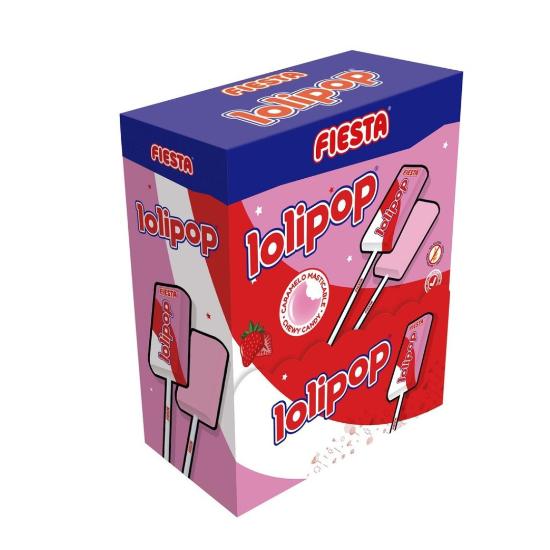 FIESTA Lolipop Caramelo Masticable con Palo Sabor Fresa - Caja de 100 unidades