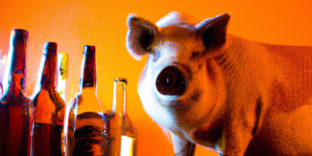 Cerdo terrorífico con botellas de alcohol