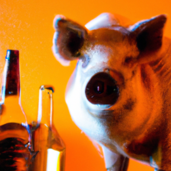 Cerdo terrorífico con botellas de alcohol