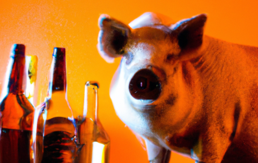 Cerdo terrorífico Cerdo terrorífico con botellas de alcohol