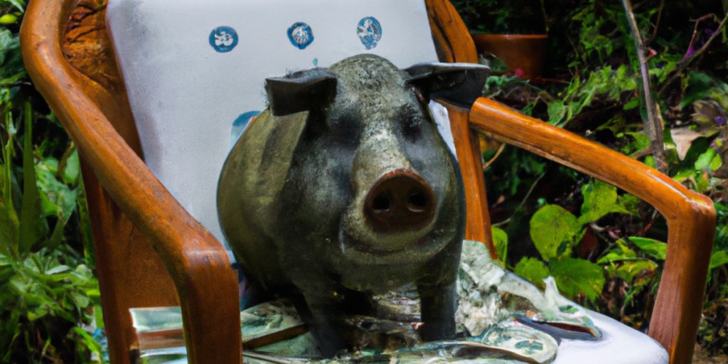 Cerdo sentado en silla con dinero