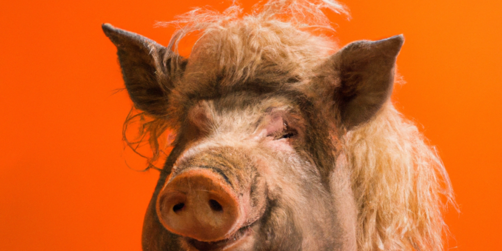 Cerdo con peluca en fondo anaranjado