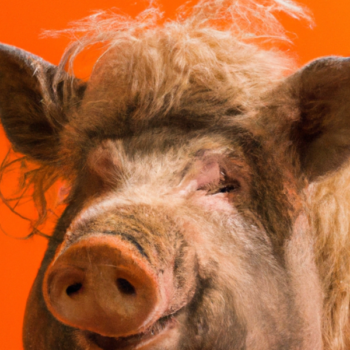 Cerdo con peluca en fondo anaranjado