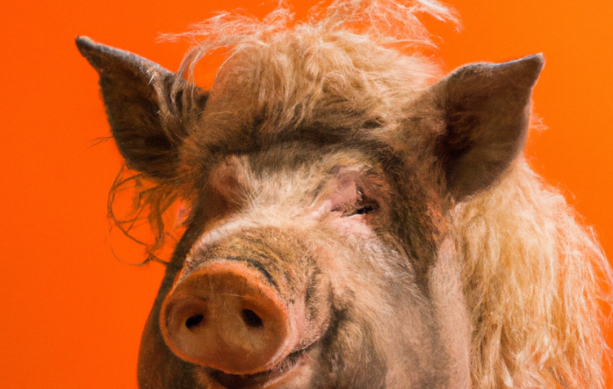 Cerdo con peluca en fondo anaranjado Cerdo con peluca en fondo anaranjado