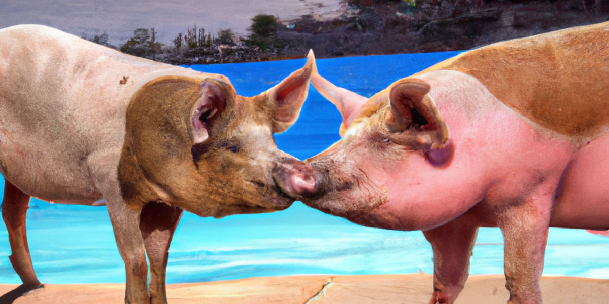 Cerdo y jabali dandose beso en la piscina