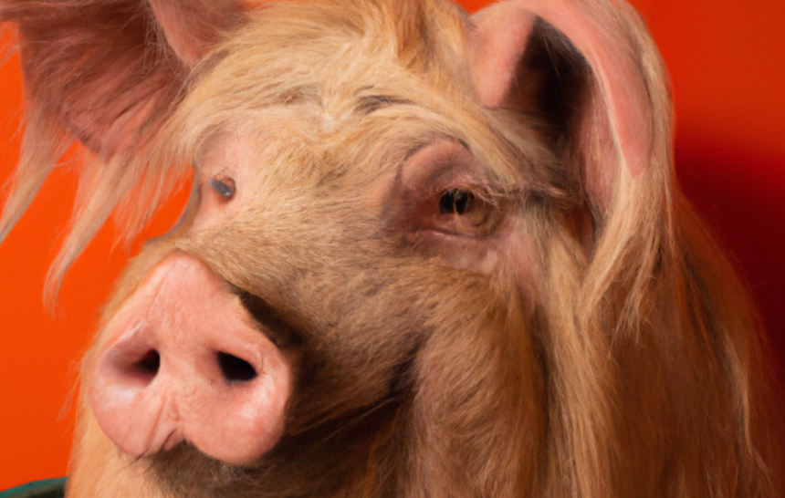 Cerdo peludo con fondo rojo cansado Cerdo peludo con fondo rojo cansado